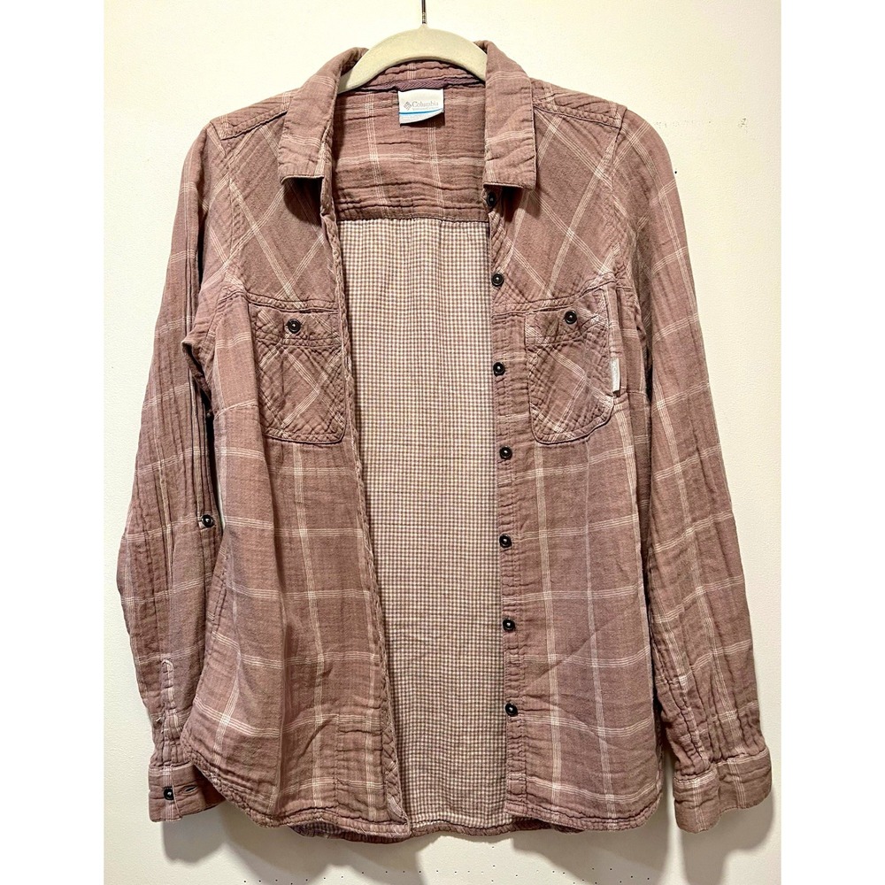 Columbia Women’s M Regular Pink Plaid Flannel Long Sleeve Button-Up Shirt Cotton